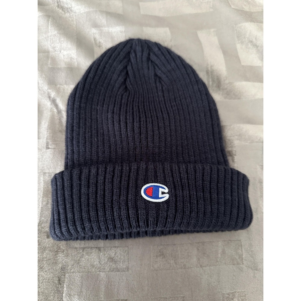 Champion Hat Beanie One Size Navy Blue Cuffed Ribbed‎ Knit Logo Patch Mens Warm
